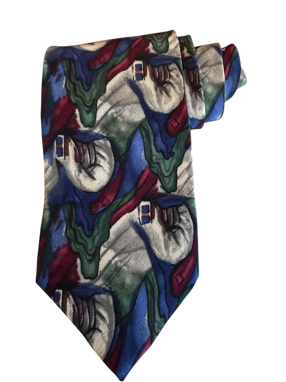 J. Garcia Silk Print Neck Tie Gray Blue Burgundy Hunter Green Abstract